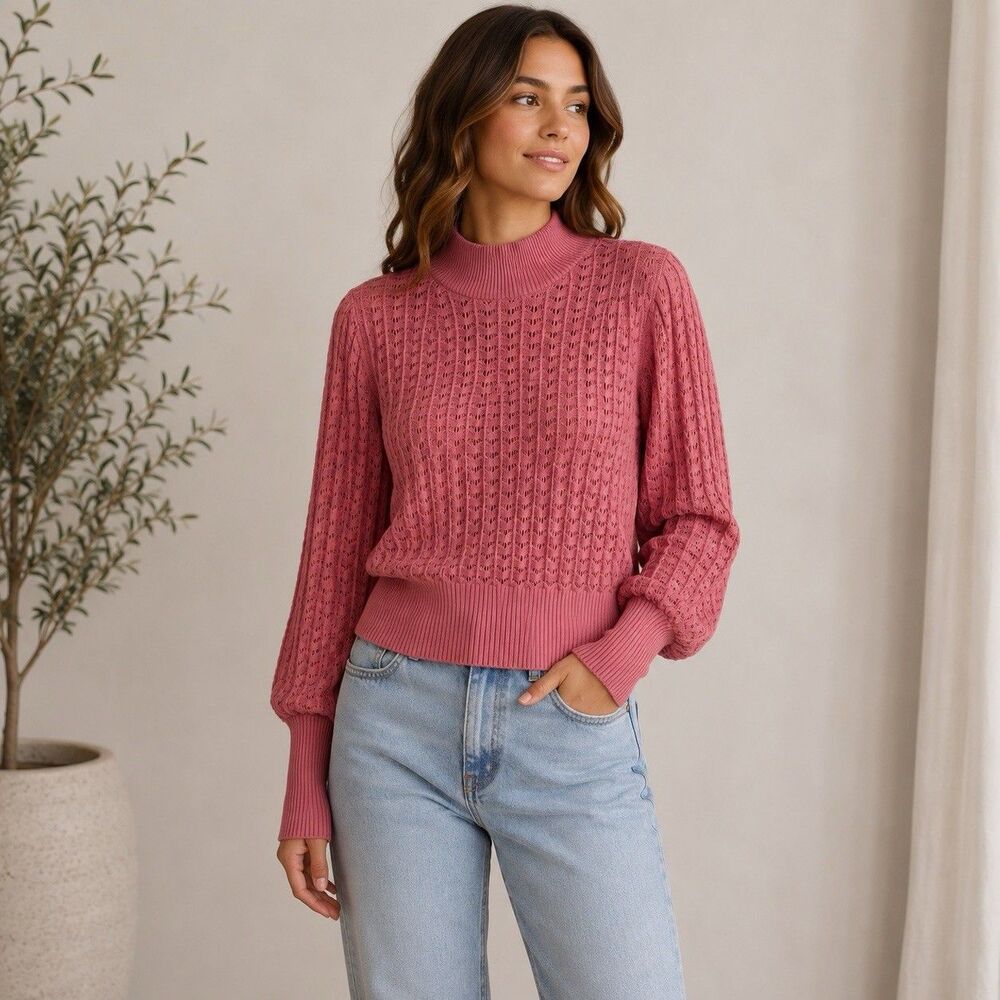 Ryegrass Mauve Pink Mock Neck Sweater Open Knit NWT Minimalist Fall Sz Large